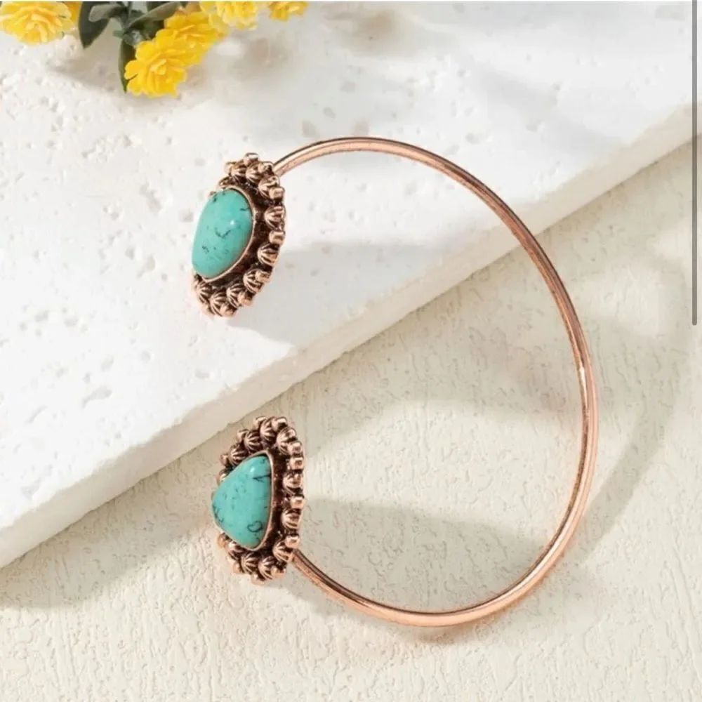 Natural Turquoise Stone Rose Gold Bangle Bracelet